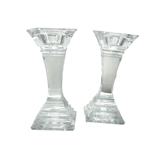 MID CENTURY VINTAGE LEAD CRYSTAL PEDESTAL CANDLESTICKS - SET OF 2